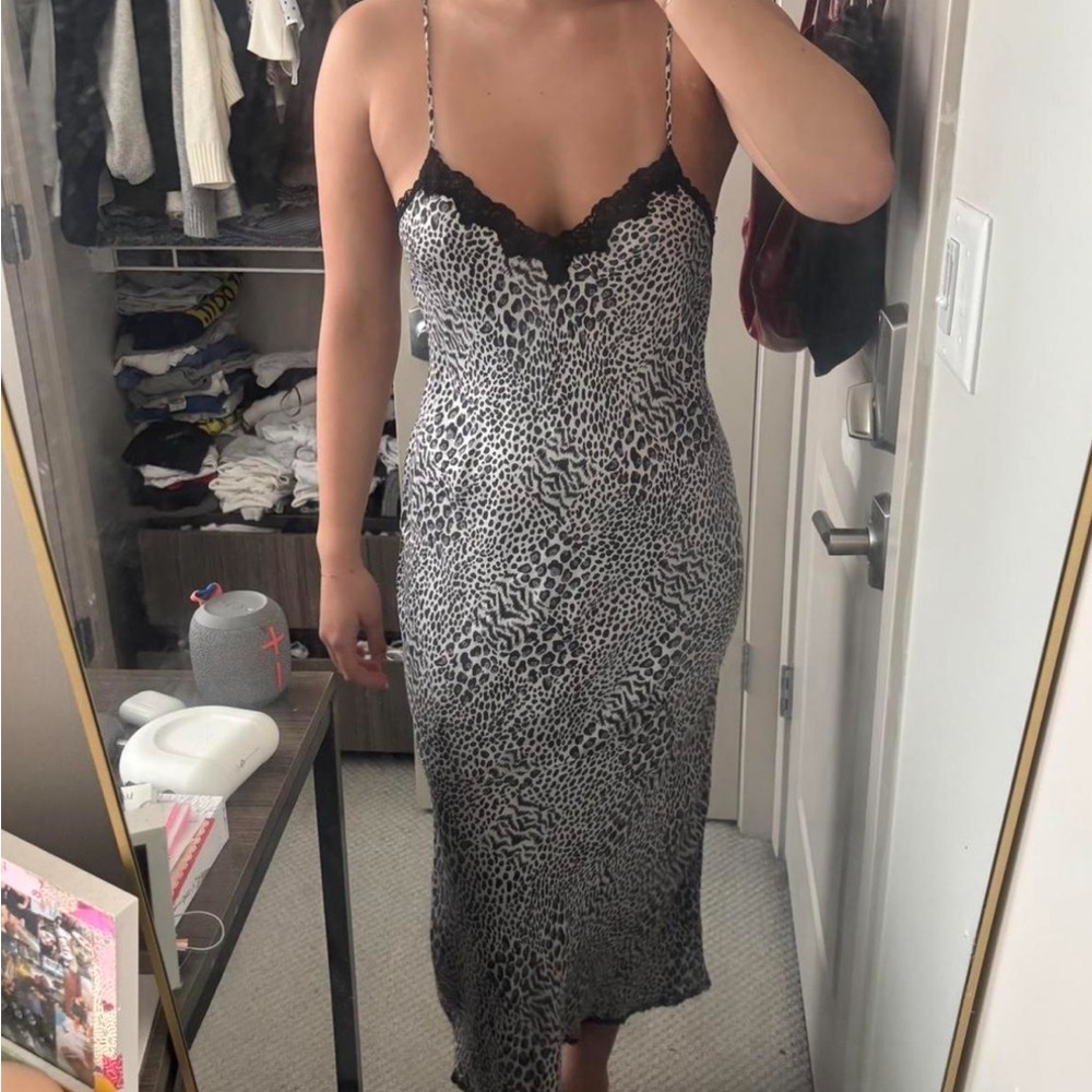 Vintage leopard Print Slip Dress with Black Lace Trim